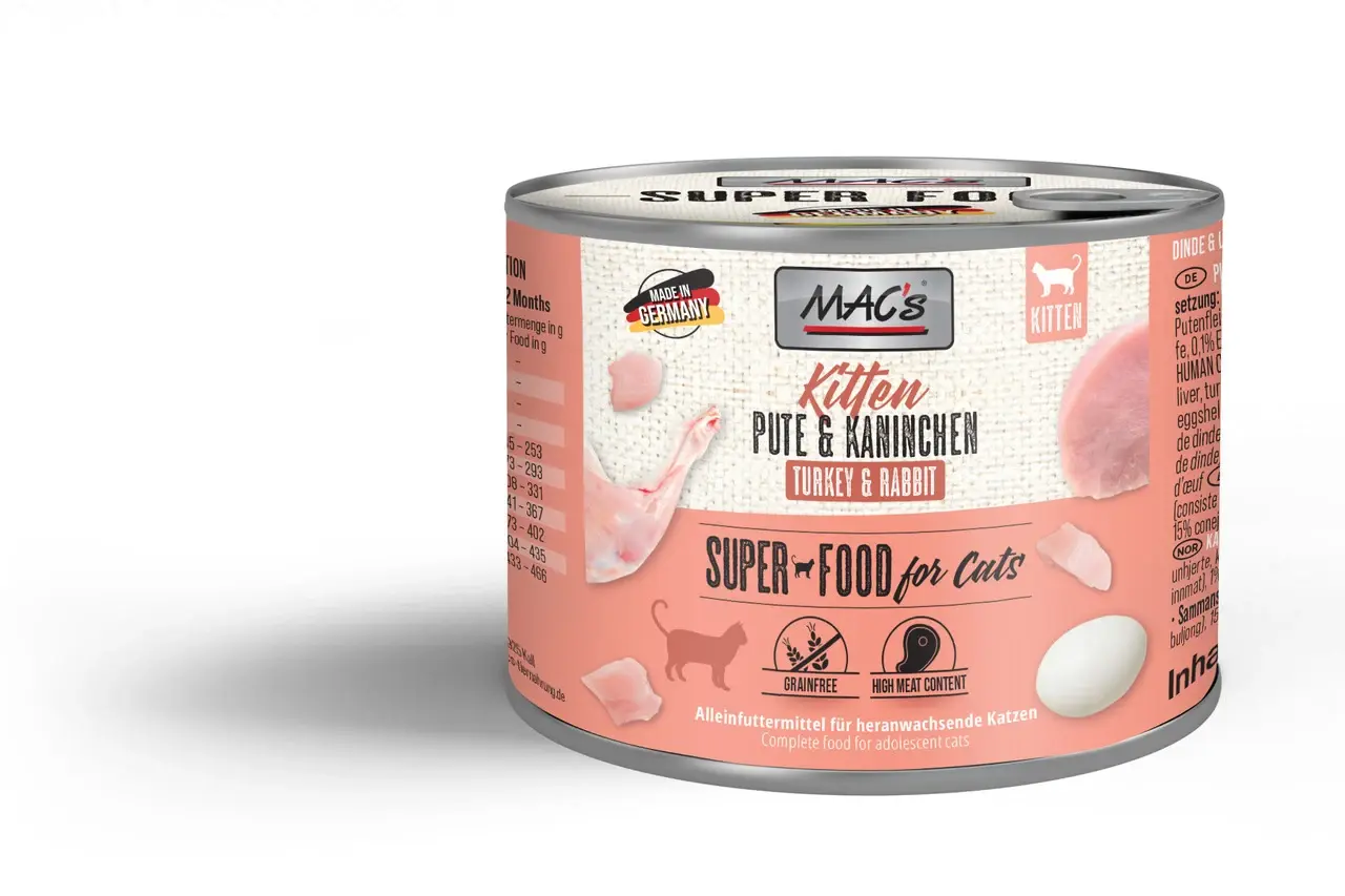 MAC’s Kitten Cat, pełnoporcjowa karma mokra dla kociąt z indykiem i krolikiem  200 g 