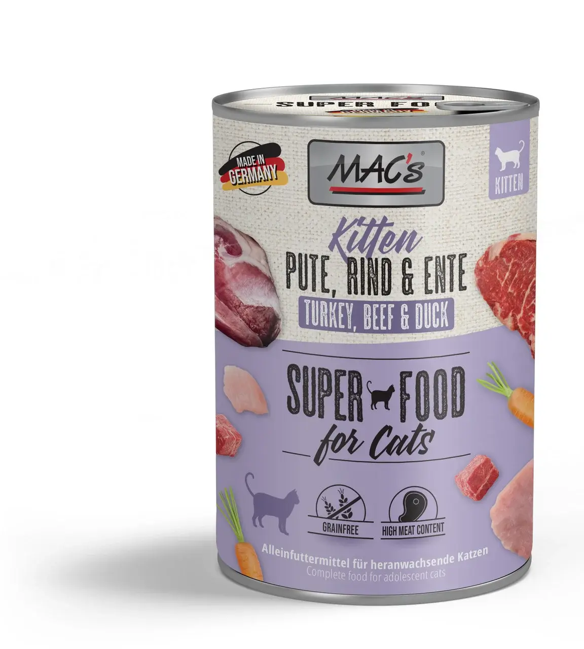 MAC’s Kitten Cat, pełnoporcjowa karma mokra dla kociąt z indykiem, wołowiną i kaczką 400 g 
