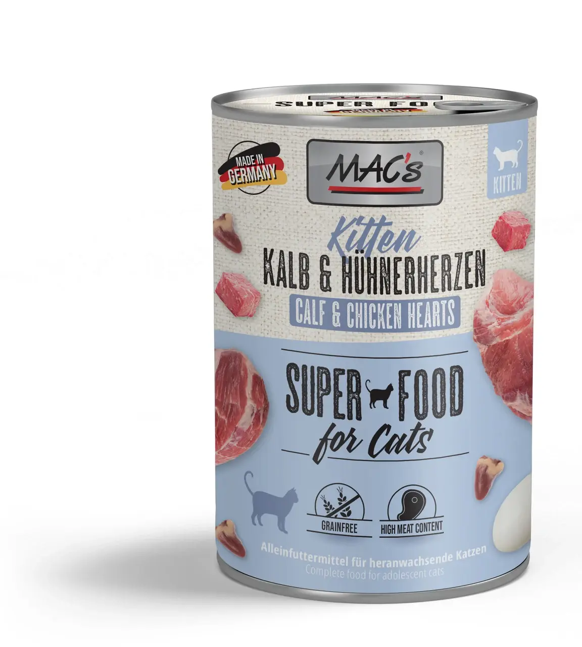 MAC’s Cat Kitten, pełnoporcjowa karma mokra dla kociąt z cieleciną i kurzymi sercami 400 g 