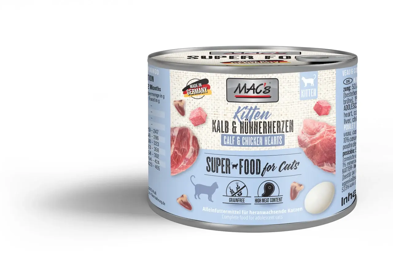 MAC’s Cat Kitten, pełnoporcjowa karma mokra dla kociąt z cieleciną i kurzymi sercami 200 g 
