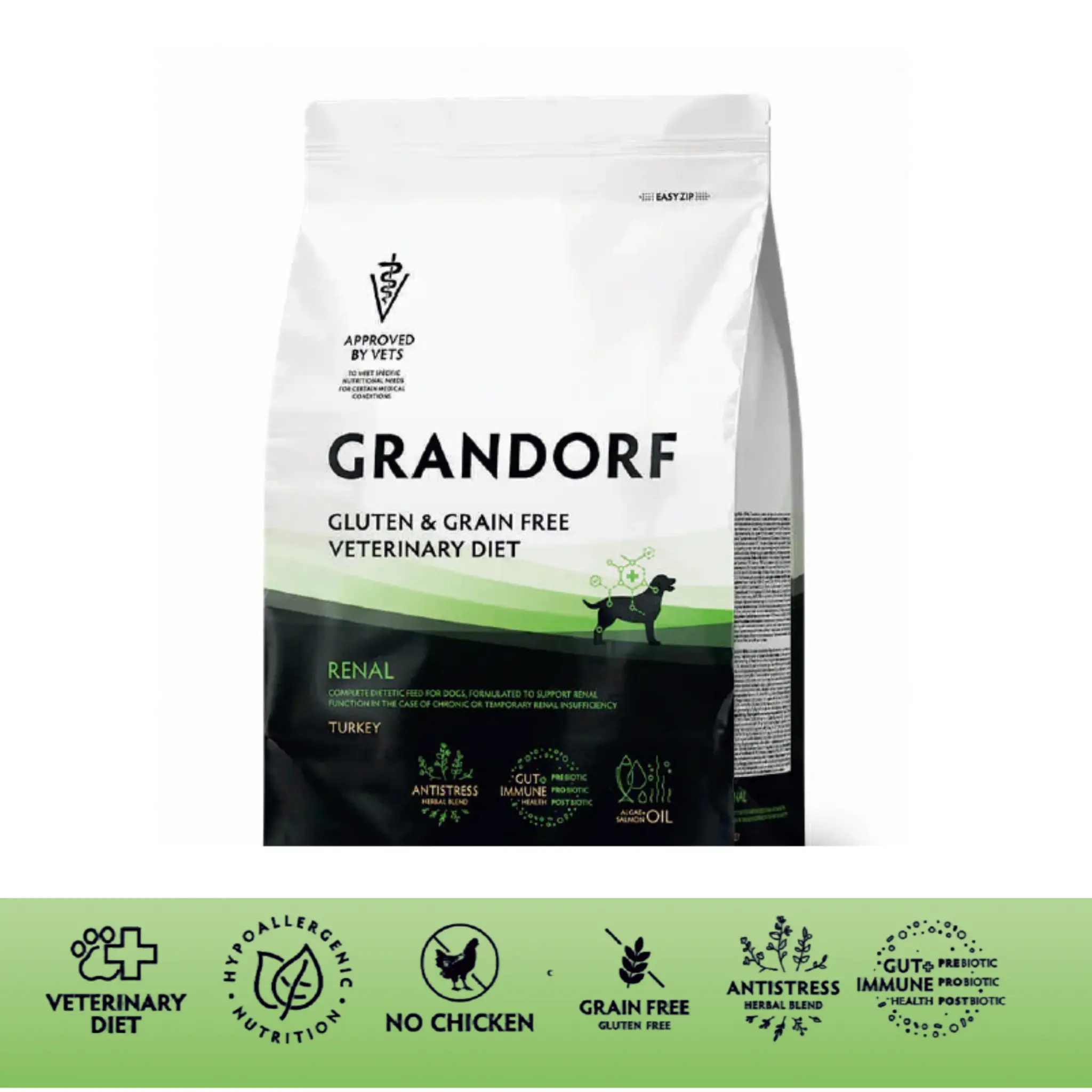 GRANDORF DOG VET RENAL – INDYK
Pełnoporcjowa dieta weterynaryjna wspomagająca pracę nerek 1 kg