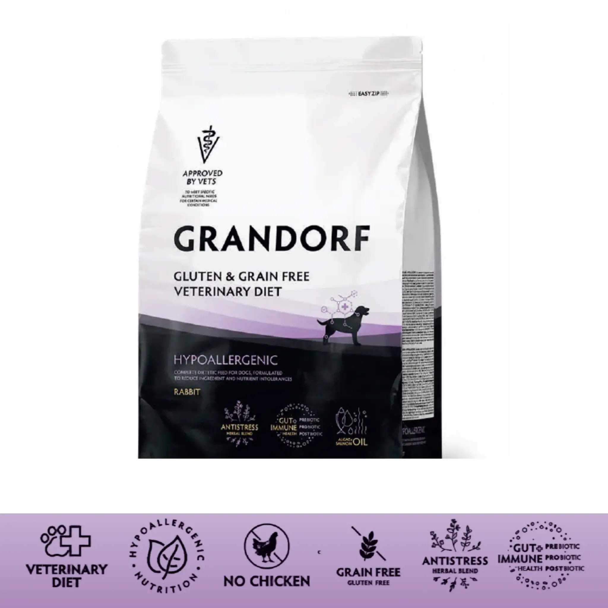 GRANDORF DOG VET HYPOALLERGENIC – KRÓLIK
Pełnoporcjowa karma dietetyczna dla psów z alergiami i nietolerancjami pokarmowymi 1kg