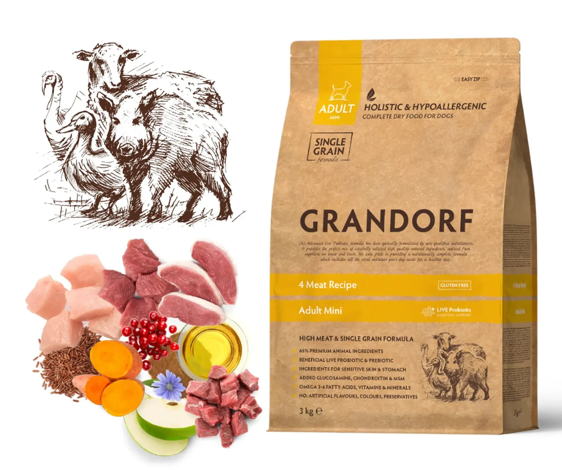 GRANDORF 4 Meat Adult Mini Breeds- pełnowartościowa karma dla dorosłych psów małych ras 8kg