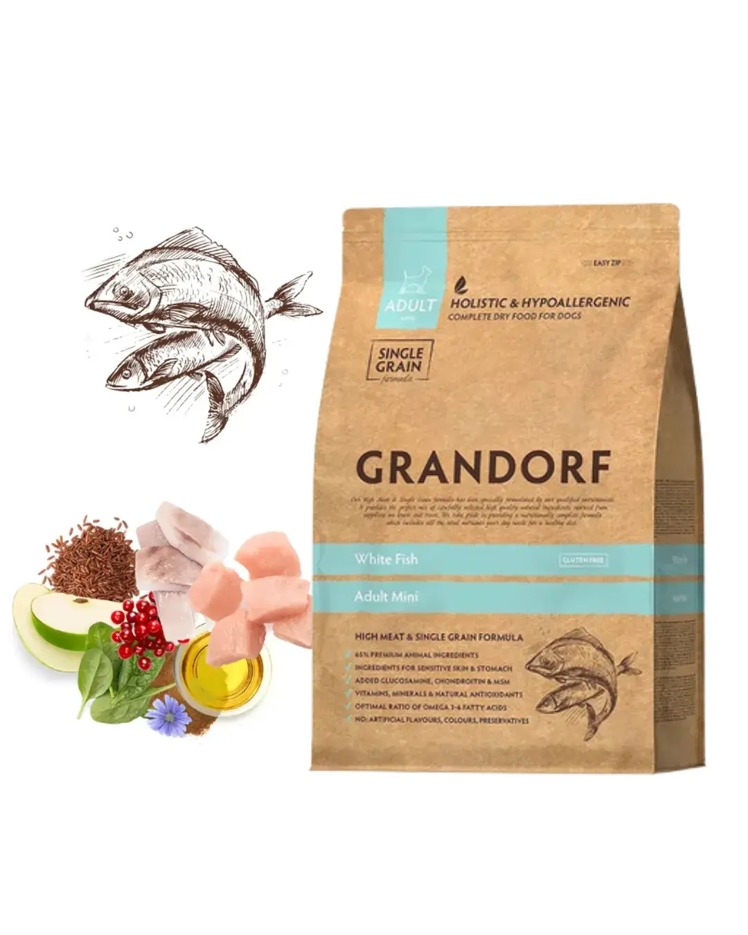 Grandorf White Fish Adult Mini 1kg - pełnoporcjowa karma z białych ryb dla dorosłych psów małych ras