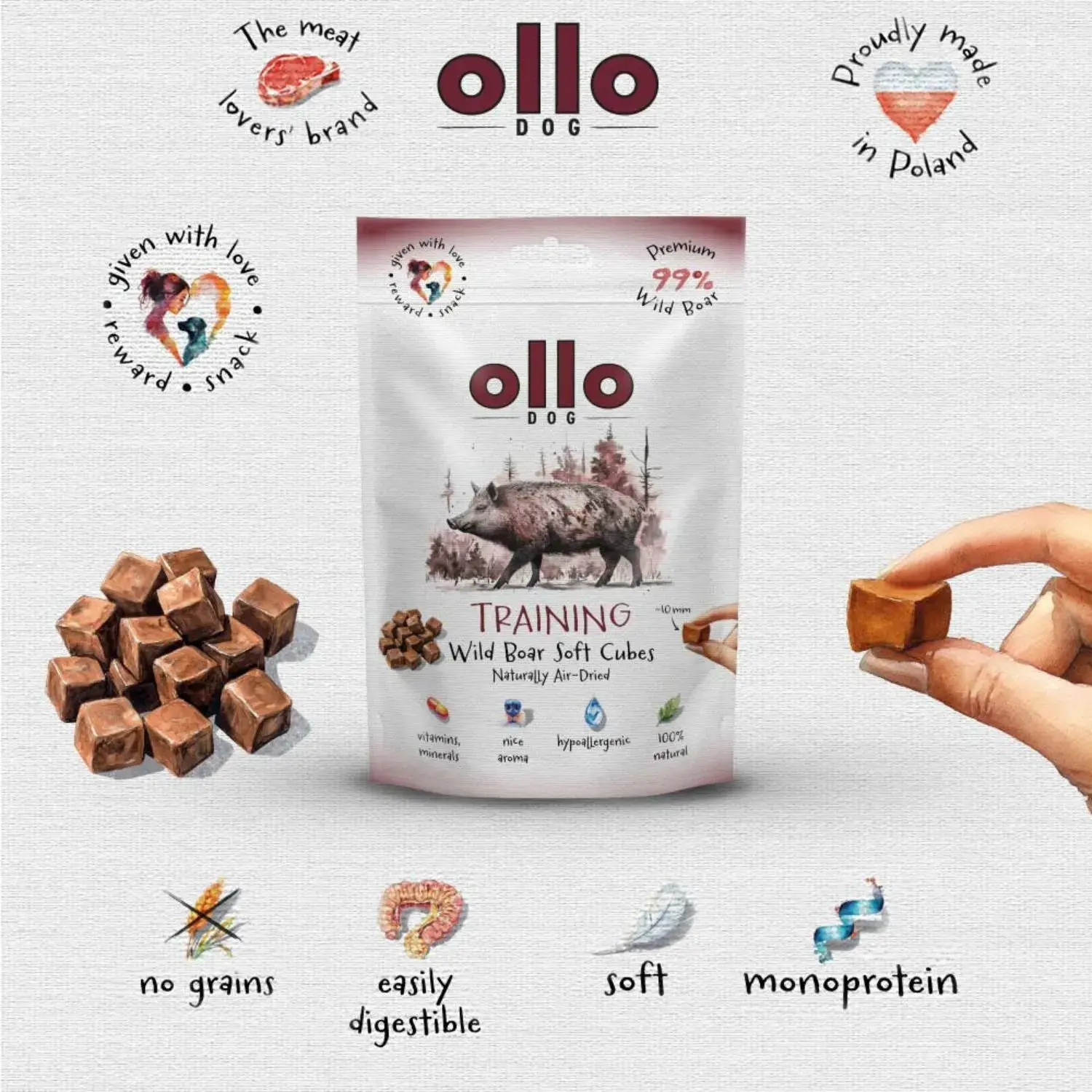 Ollo Air-Dried Training Wild Boar Cubes 80g- Przysmaki dla Psa z Dzika