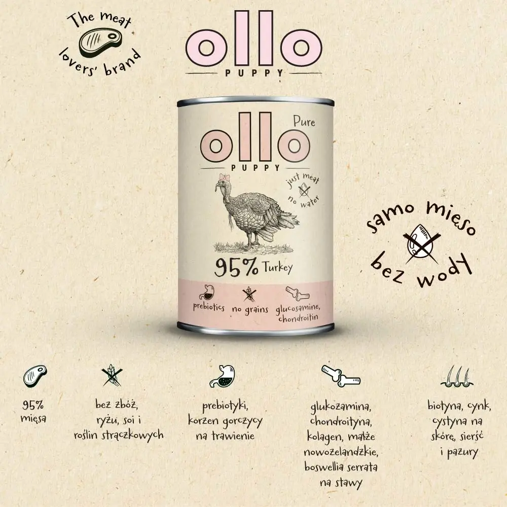 Ollo Pure Indyk PUPPY 400g - mono białkowa, pełnoporcjowa, mokra karma dla szczeniąt wszystkich ras