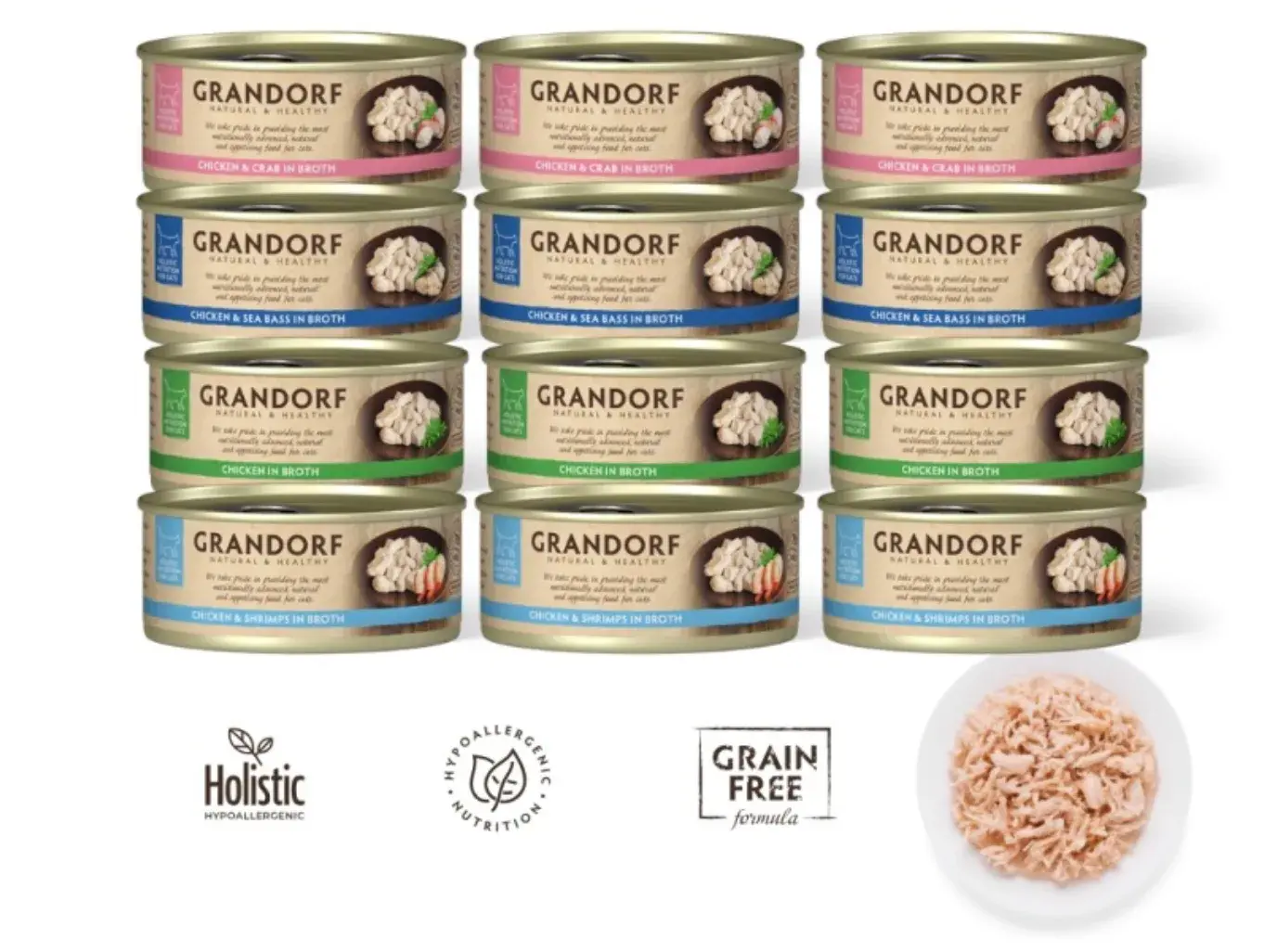 Grandorf – mokra karma dla kota | Zestaw 12 puszek – mix smaków z kurczakiem