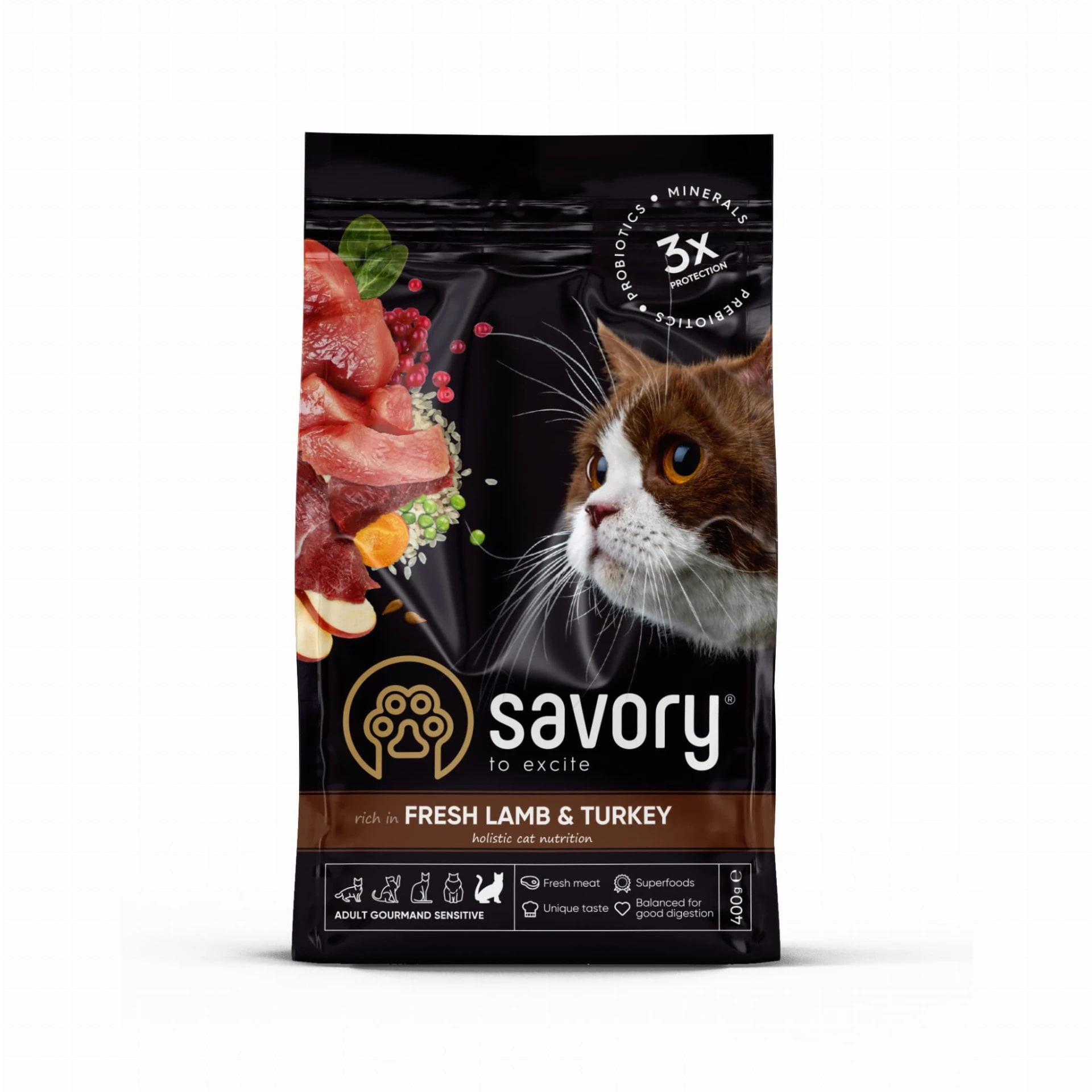 Savory Adult Cat Sensitive Digestion Fresh Lamb&Turkey Karma Sucha Dla Dorosłych Kotów z Jagnięciną i Indykiem 400 g