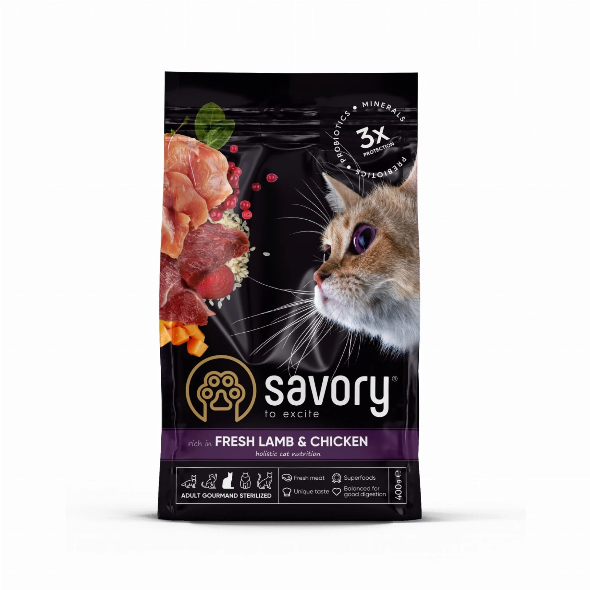 Savory Adult Cat Sterilised Lamb&Chicken Karma Sucha Dla Dorosłych Kotów Po Sterylizacji i Kastracji z Jagnięciną i Kurczakiem 400 g