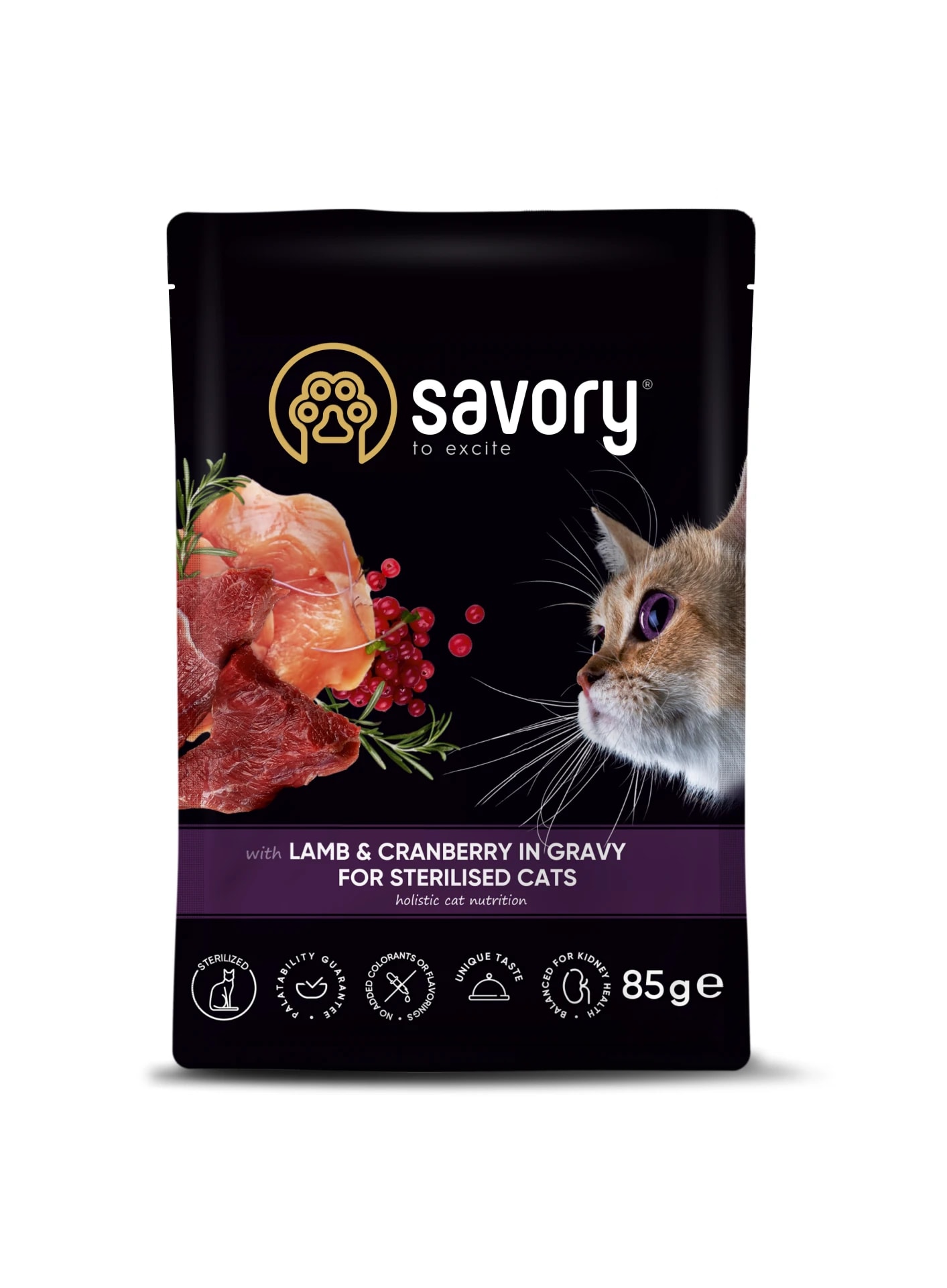 Savory Cat Adult Sterilised Lamb&Cranberries Gravy Karma Mokra Dla Kotów Po Sterylizacji i Kastracji z Jagnięciną i Żurawiną w Sosie 85 g