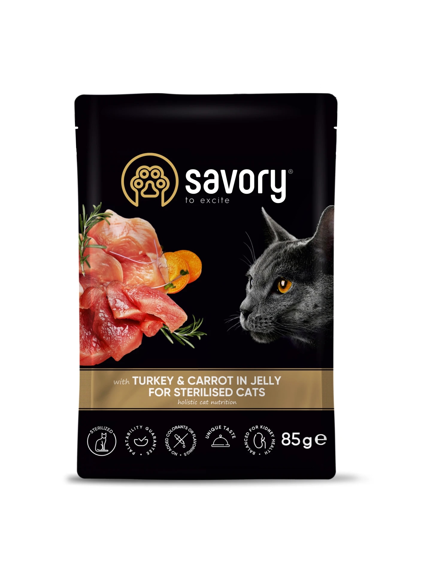 Savory Cat Adult Sterilised Turkey&Carrots Jelly Karma Mokra Dla Kotów Po Sterylizacji i Kastracji z Indykiem i Marchewką w Galaretce 85 g