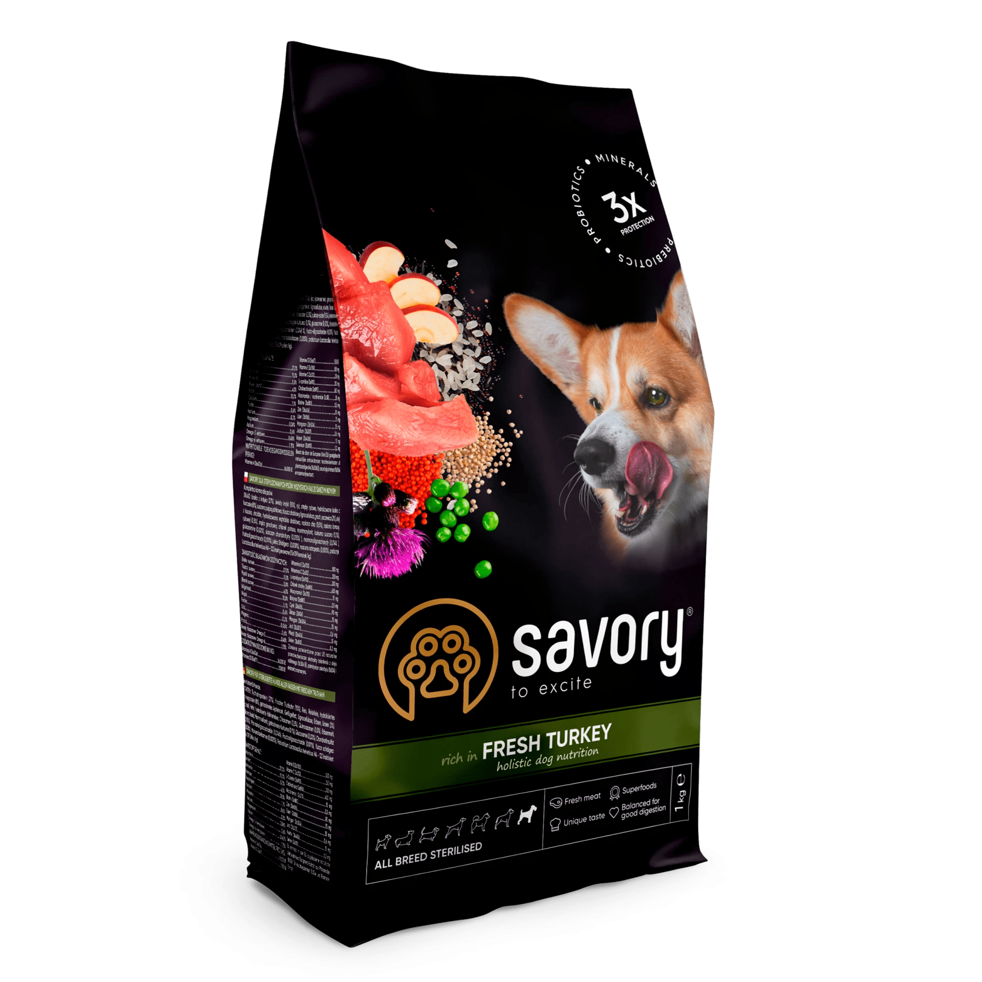 Savory Dog Adult All Breeds Sterilised Turkey Karma Sucha Dla Dorosłych Psów Wszystkich Ras z Indykiem 1 kg