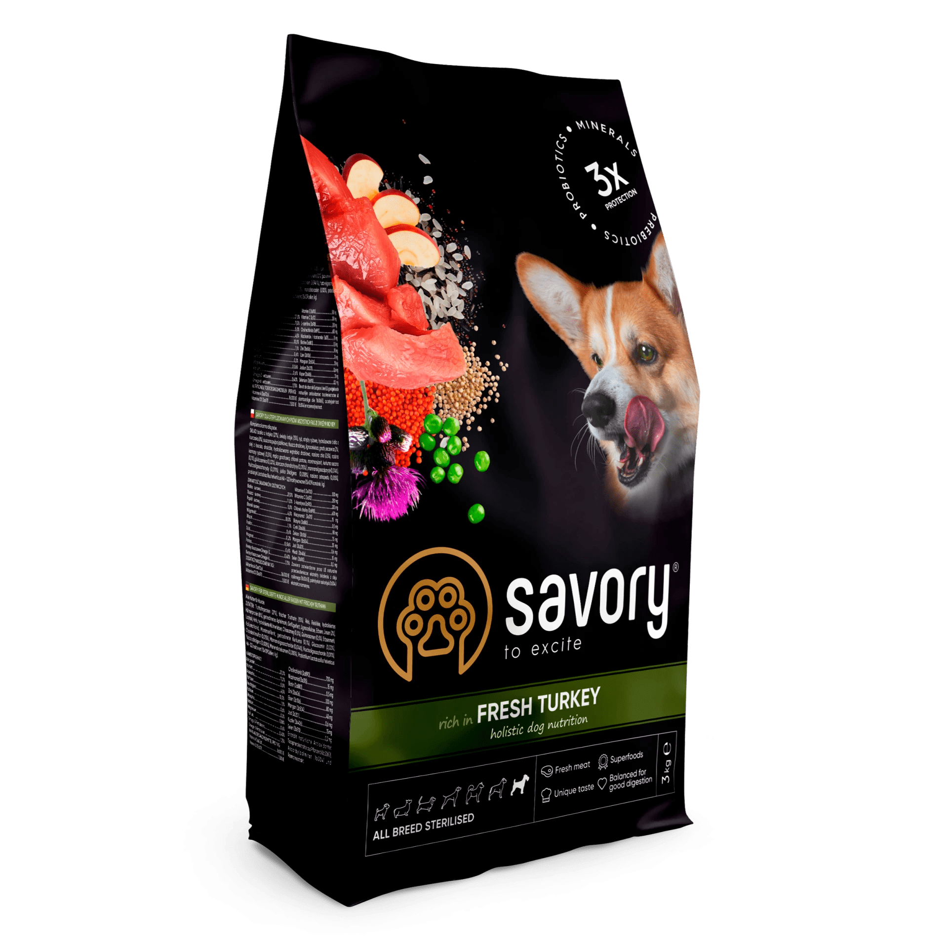 Savory Dog Adult All Breeds Sterilised Turkey Karma Sucha Dla Dorosłych Psów Wszystkich Ras z Indykiem 3 kg