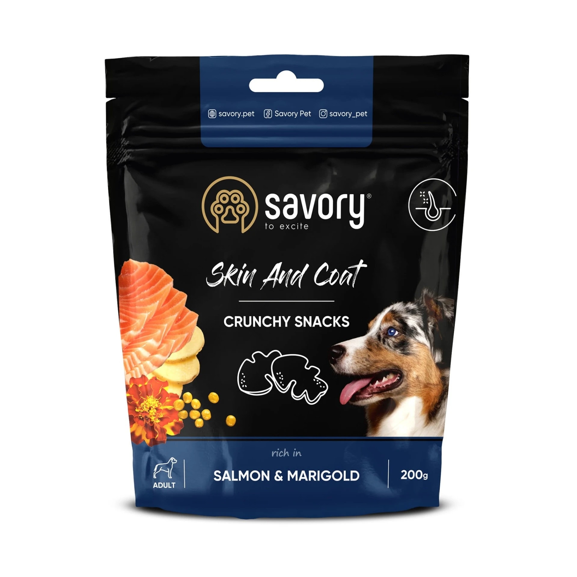 Savory Dog Crunchy Snacks Skin&Coat Salmon&Marigold Chrupiące Przysmaki Zdrowa Skóra i Sierść z Łososiem i Nagietkiem Dla Psów 200 g