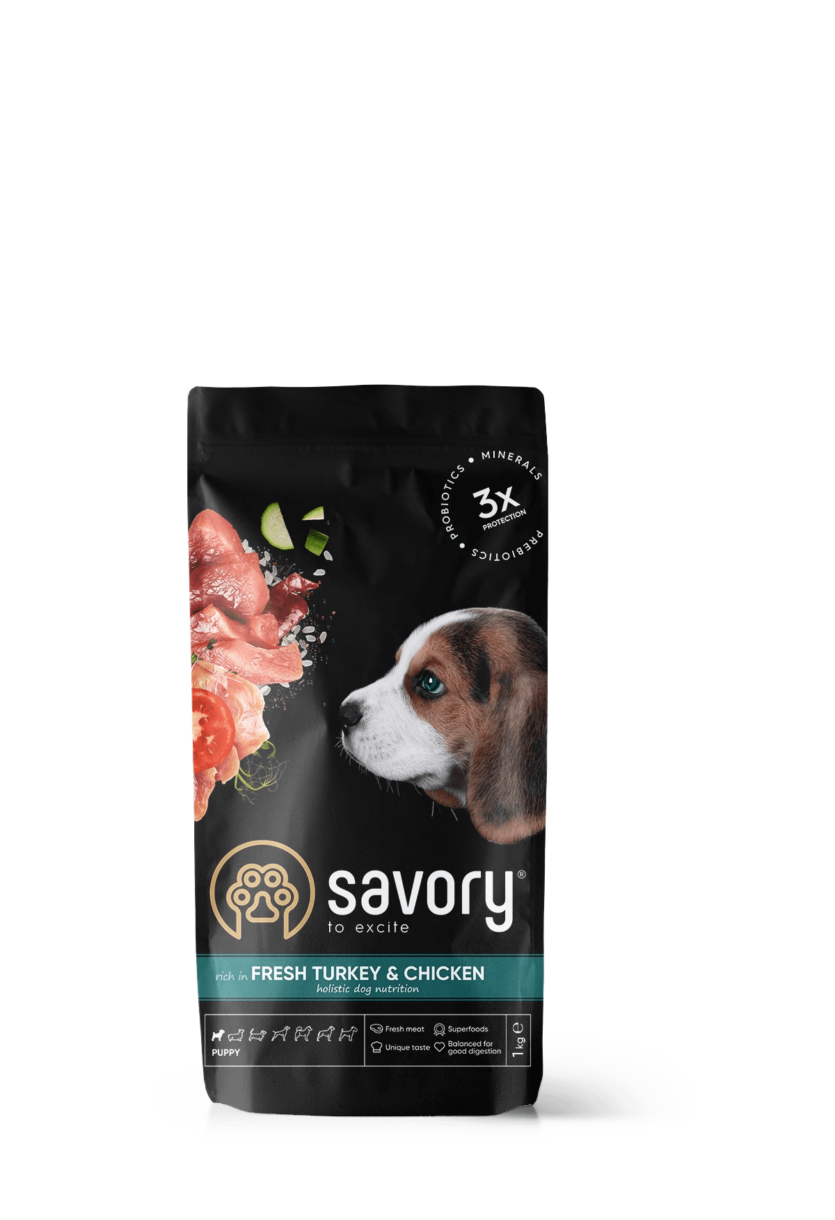 Savory Dog Puppy Chicken&Turkey Karma Sucha Dla Szczeniąt Psów Wszystkich Ras z Kurczakiem i Indykiem 1 kg