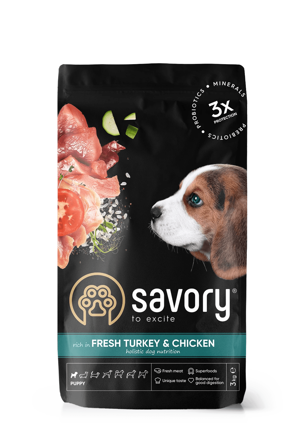 Savory Dog Puppy Chicken&Turkey Karma Sucha Dla Szczeniąt Psów Wszystkich Ras z Kurczakiem i Indykiem 12 kg