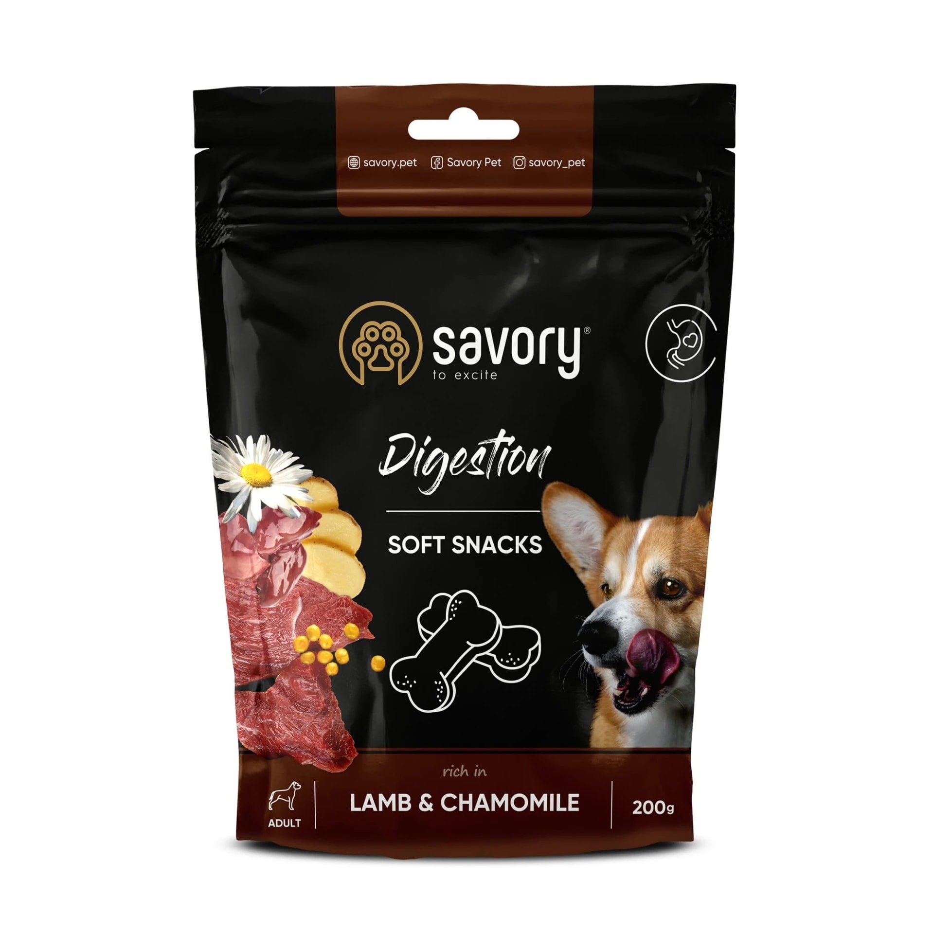 Savory Dog Soft Snacks Digestion Lamb&Chamomile Miękkie Przysmaki Delikatny Układ Trawienny z Jagnięciną i Rumiankiem Dla Psów 200 g