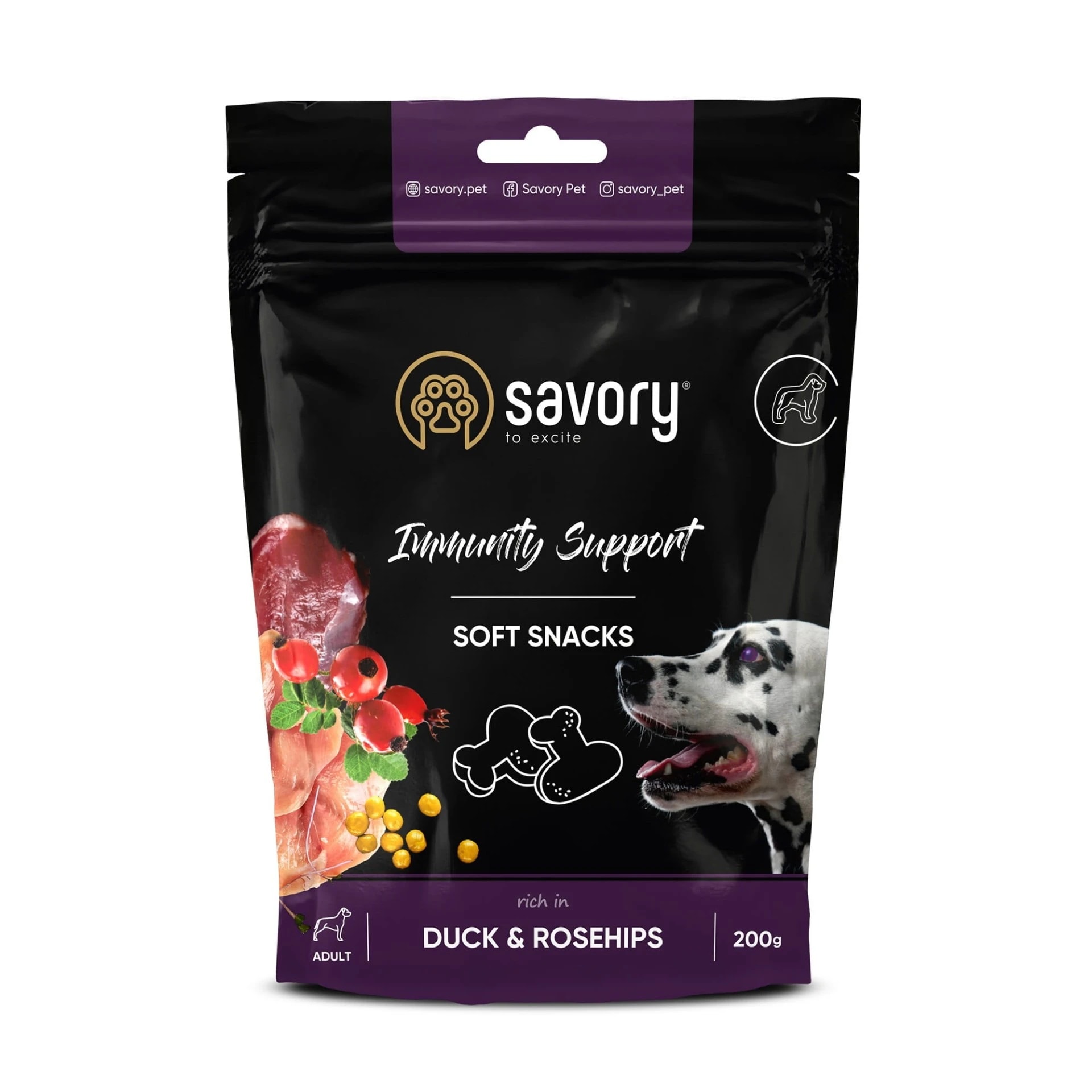 Savory Dog Soft Snacks Immunity Support Duck&Rosehips Miękkie Przysmaki Wzmacniające Odporność z Kaczką i Dziką Różą Dla Psów 200 g