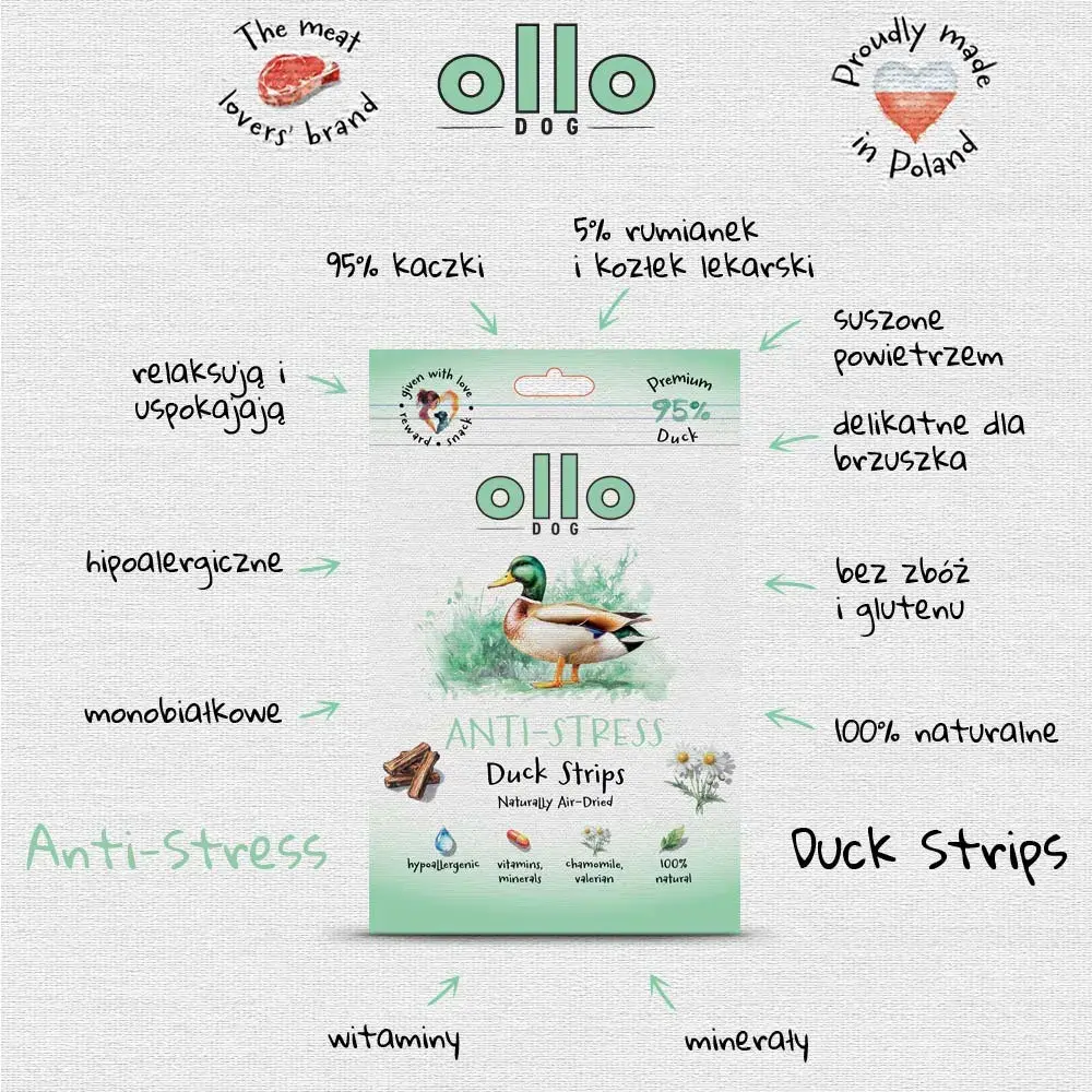 OLLO Air Dried Anti-Stress Duck Strips 80 g- Miękkie paski z kaczki z ziołami łagodzącymi stres