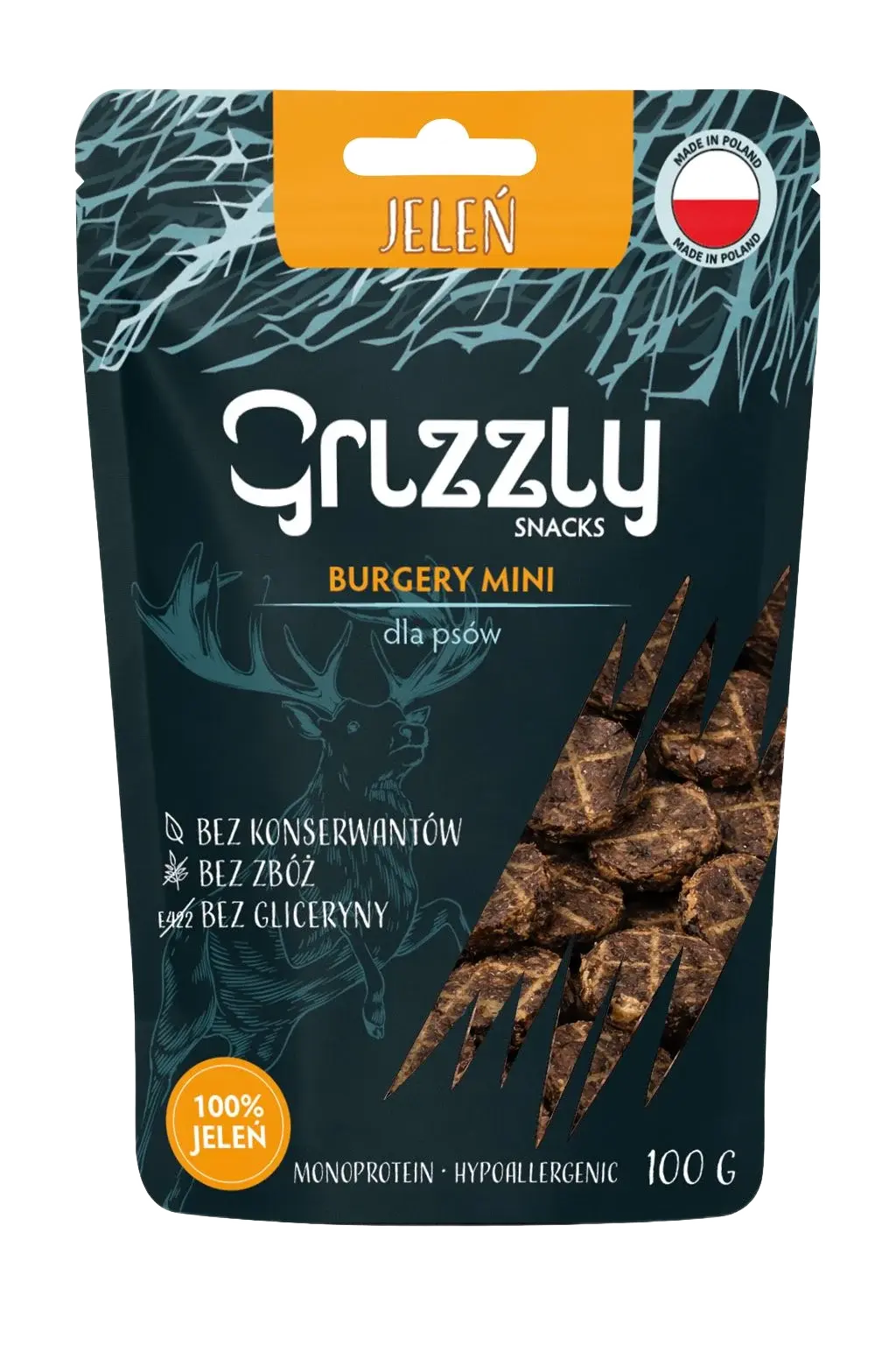 Grizzly Mini Burgery z Jelenia 100g - 100% naturalne, małe przysmaki treningowe dla psa
