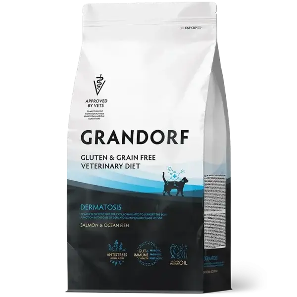 GRANDORF DERMATOSIS SALMON & OCEAN FISH - karma weterynaryjna z łososiem i rybami oceanicznymi  dla kotów dorosłych  z problemami z skórnymi 2kg
