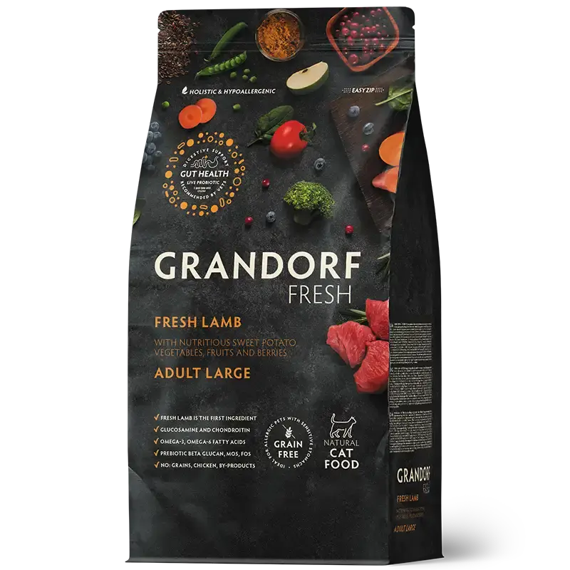 GRANDORF FRESH LAMB- karma z jagnięciną dla dorosłych kotów dużych ras o wrażliwym układzie pokarmowym lub skłonnych do alergii
8kg