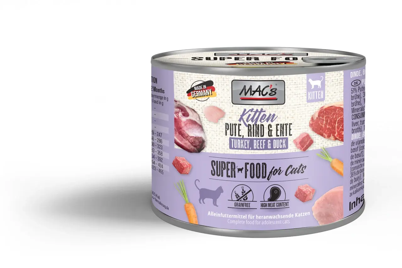 MAC’s Kitten Cat, pełnoporcjowa karma mokra dla kociąt z indykiem, wołowiną i kaczką 200 g 