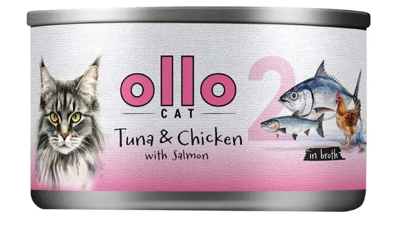 Ollo Cat nr 2 tuńczyk, kurczak, łosoś 70g - karma mokra dla kota w sosie własnym