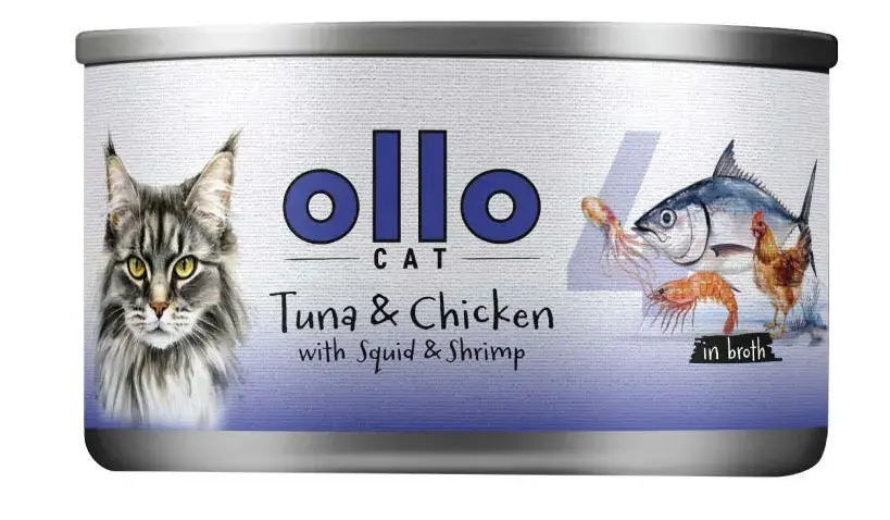 Ollo Cat nr 4 tuńczyk, kurczak z kałamarnicą i krewetkami 70g - karma mokra dla kota w sosie własnym