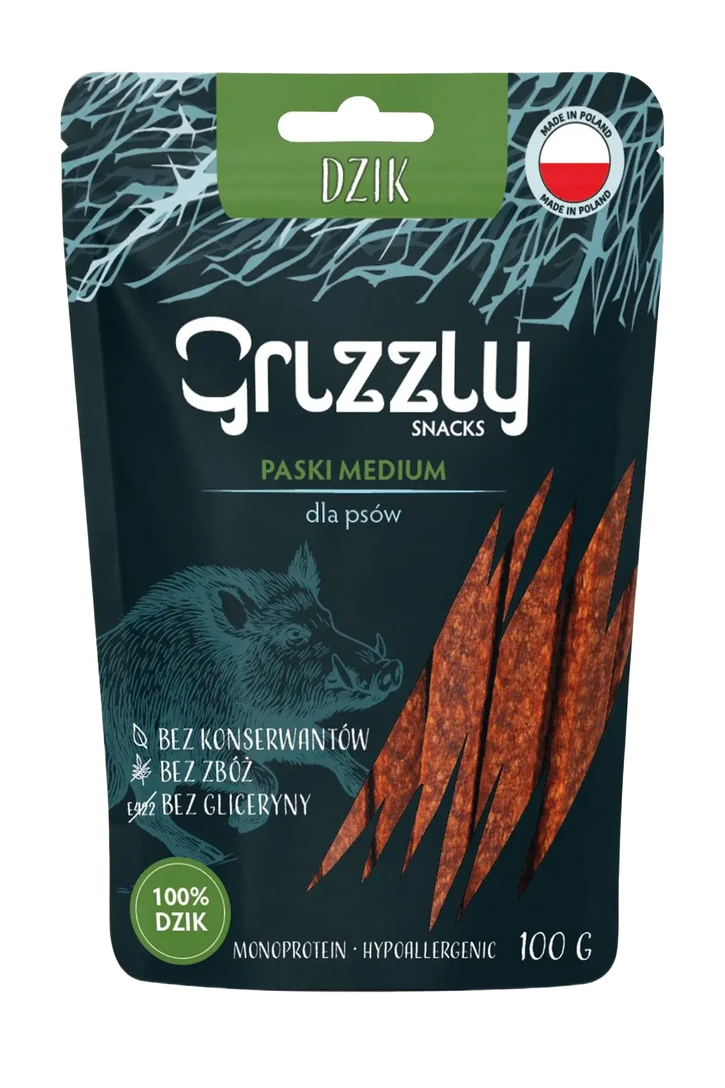 Grizzly Paski z Dzika 100g - 100% naturalne przysmaki treningowe dla psa