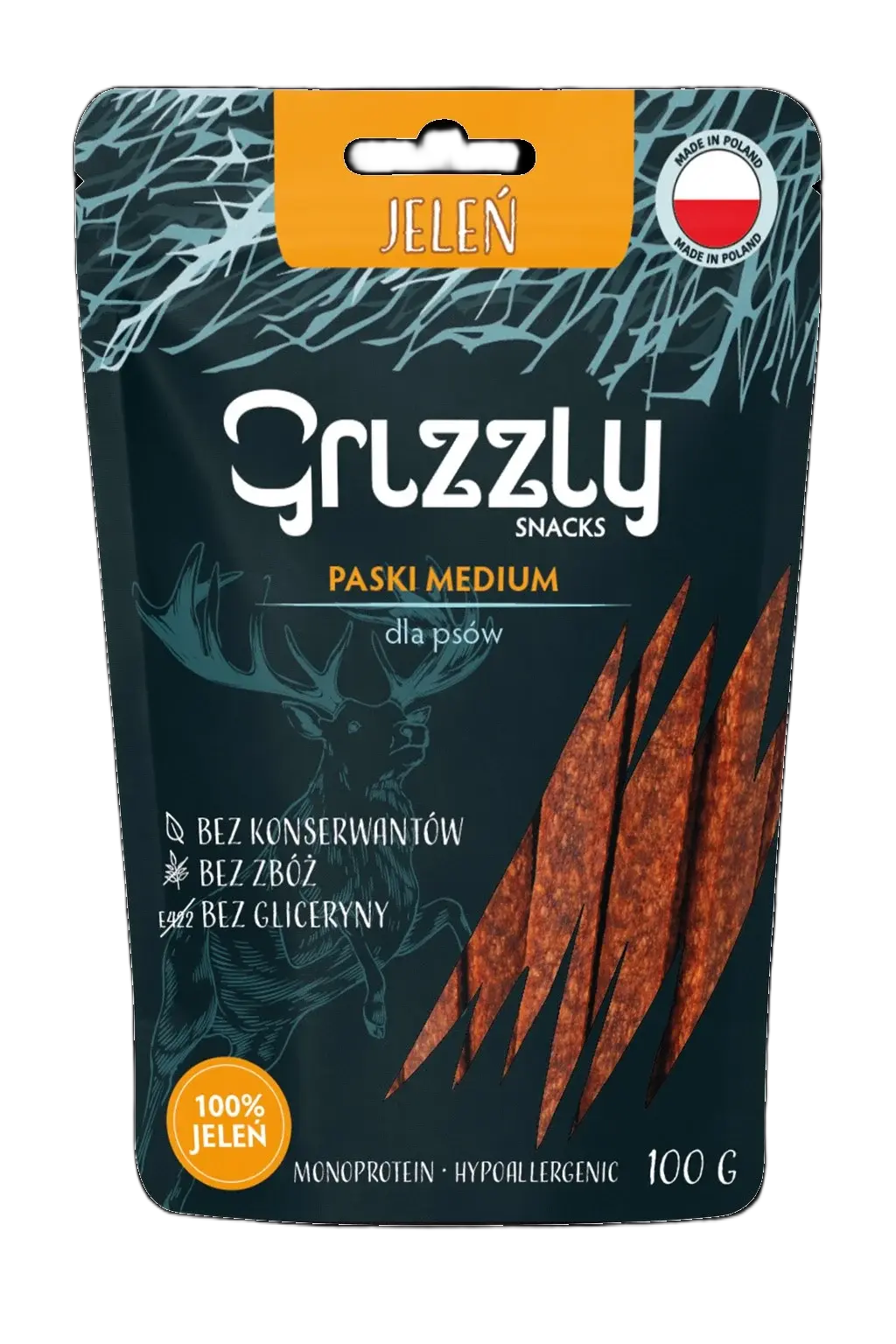 Grizzly Paski z Jelenia 100g - 100% naturalne przysmaki treningowe dla psa